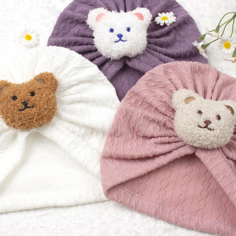 Solid Turban Hat Baby Beanies Caps Headwrap with Cute Bear Charm for 0-2 Years Baby Girls Infants Toddlers Pullover Hat