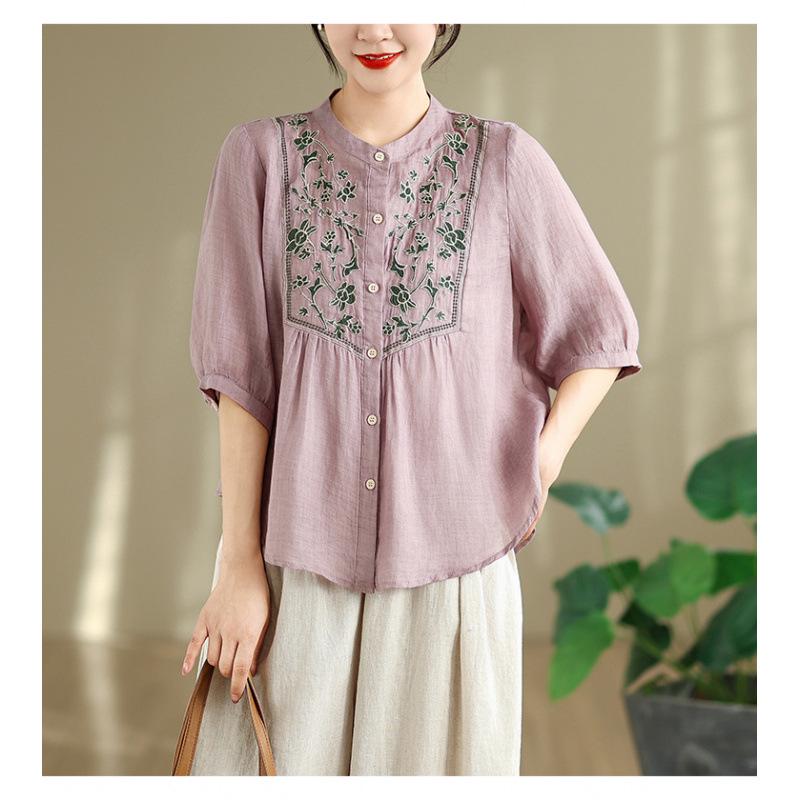 2025 Artistic Embroidered Cotton Linen Slimming Plus Size Retro Pants for Women L