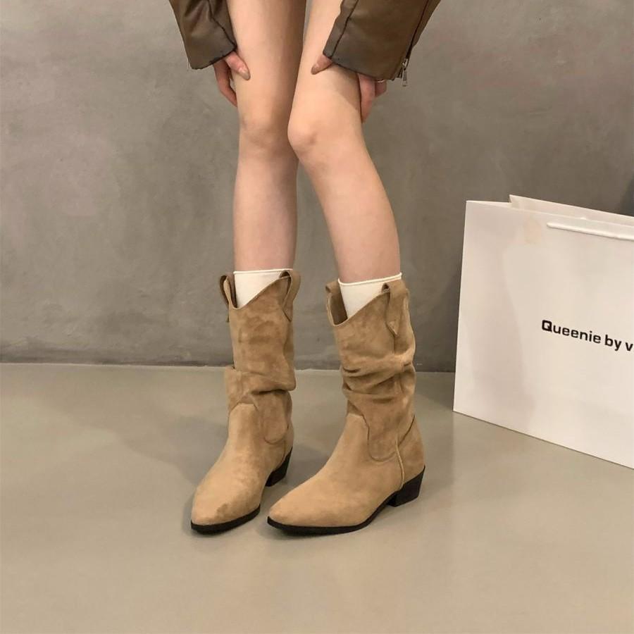 Coarse Heel Khaki Suede Pile Medium Knight Boots Women's Boots 2025 Autumn and Winter Pointed V-mouth Skinny Short Boots