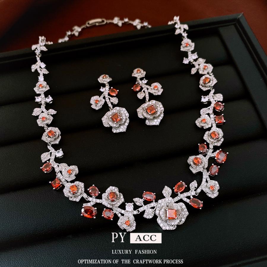 Retro Style Zircon Rose Earrings Necklace Court Style Exquisite Collarbone Chain Light Luxury Niche Jewelry Set