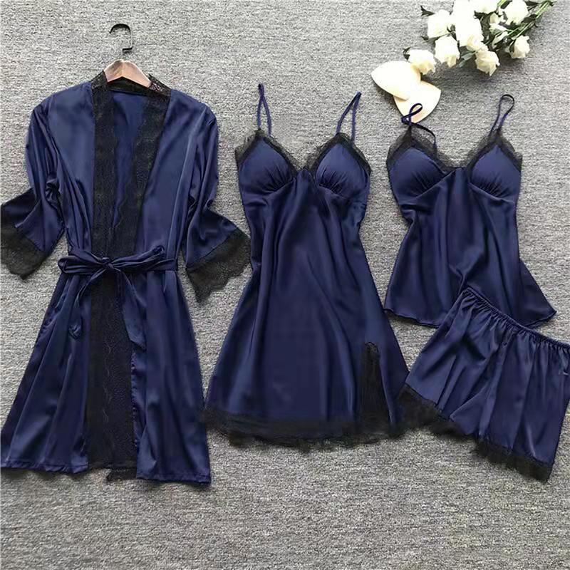 Plus Size Women's Summer Lace Pajama Set with Bra Pads - 4-Piece