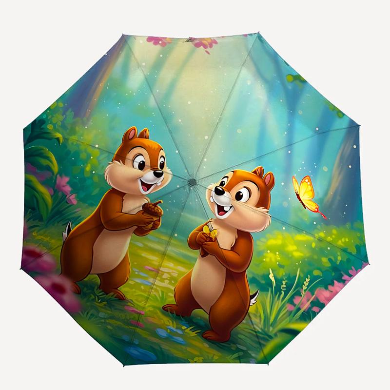 Chips and Dale, Forest Themed Automatic Opening and Closing Umbrella, Brightly Colored 8-rib Portable Umbrella, Suitable for Men and Women