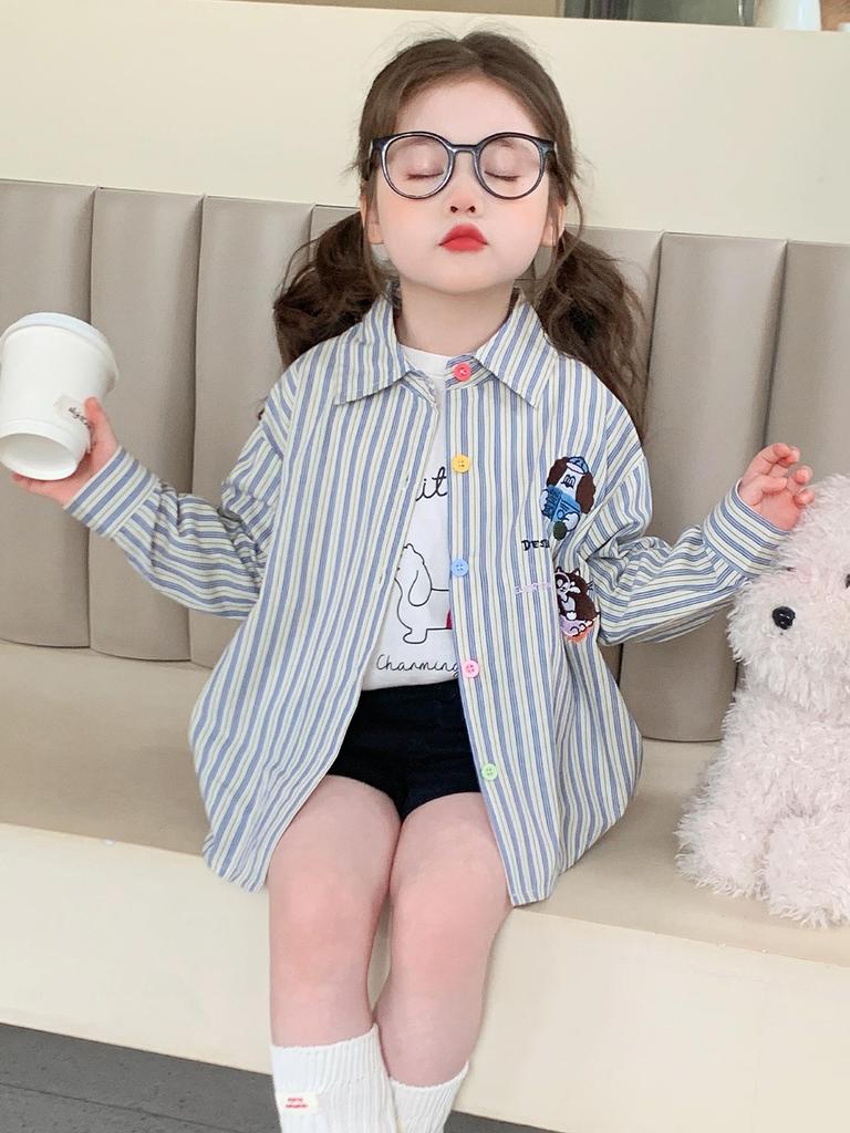 Girls' Long-Sleeved Striped Cartoon Shirt - Autumn 2025 Collection