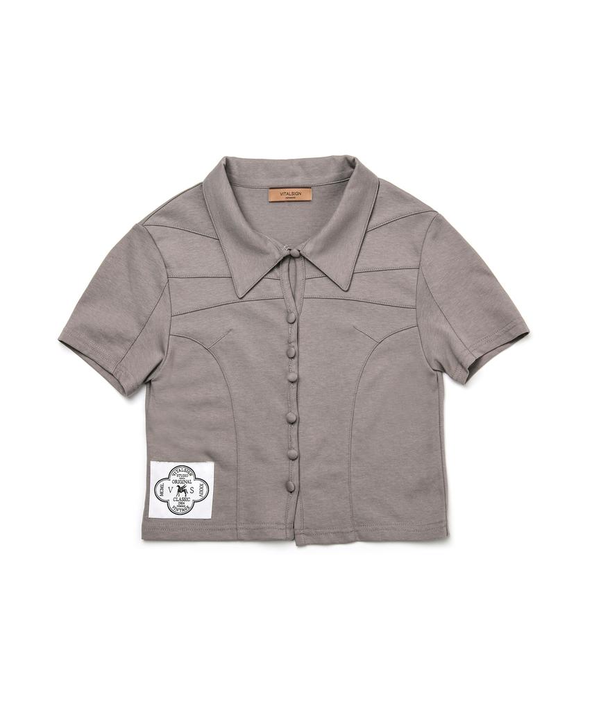 Baitalssain [Line] Line Button Crop T-Shirt (Gray)