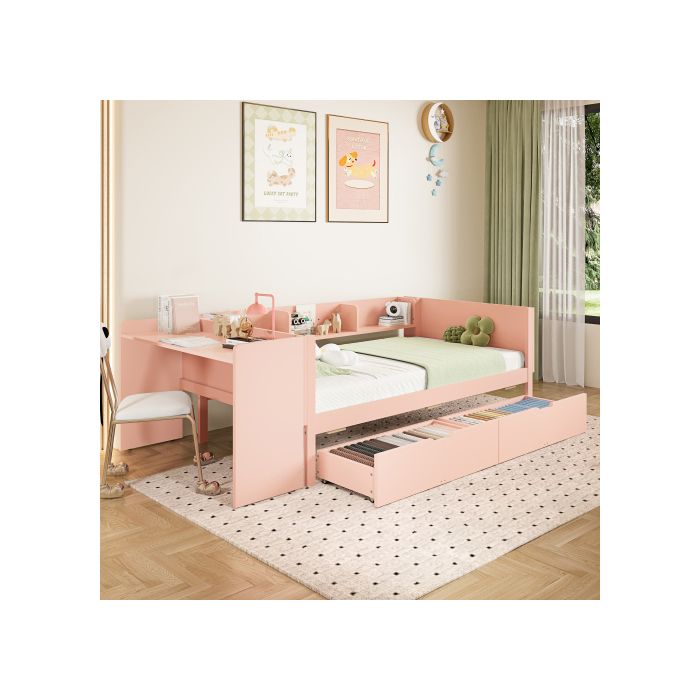 Lit simple - Bois - 90x200 cm - Rose - Avec bureau - 2 tiroirs de rangement