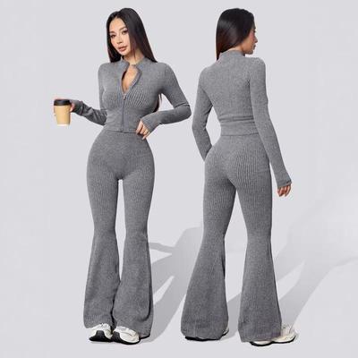 Women's Ribbed Zipper Yoga Set: Slim Fit Two-Piece for Autumn & Winter - Perfect for Running, Sports, and Casual Wear