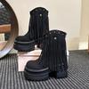 Fashion Women Tassels High Heels 9CM Thick Platform Short Boots Suede Chunky Shoes Woman Autumn Winter Platform Motorcycle Boots Botas