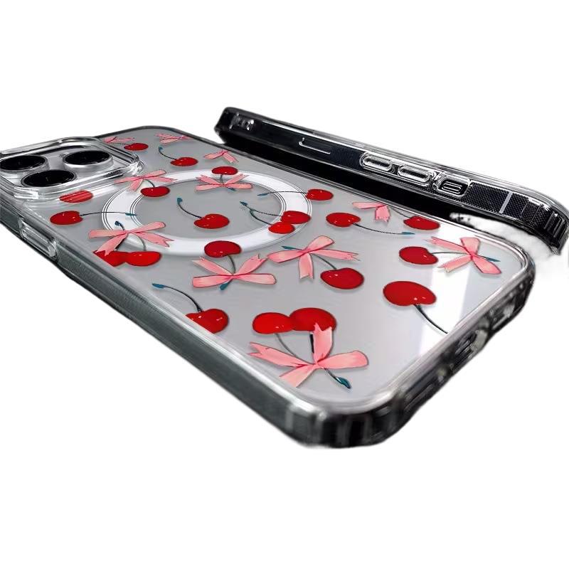 Factory Direct Supply Sweet Cherry Bow Transparent Magnetic Mobile Phone Case iPhone17promax Anti-drop Protective Case