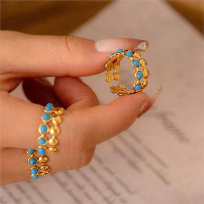Inlaid Natural Blue Turquoise Beads Open Ring For Women Stainless Steel 18k Gold Plated Women's Finger Rings Vintage Female Ring