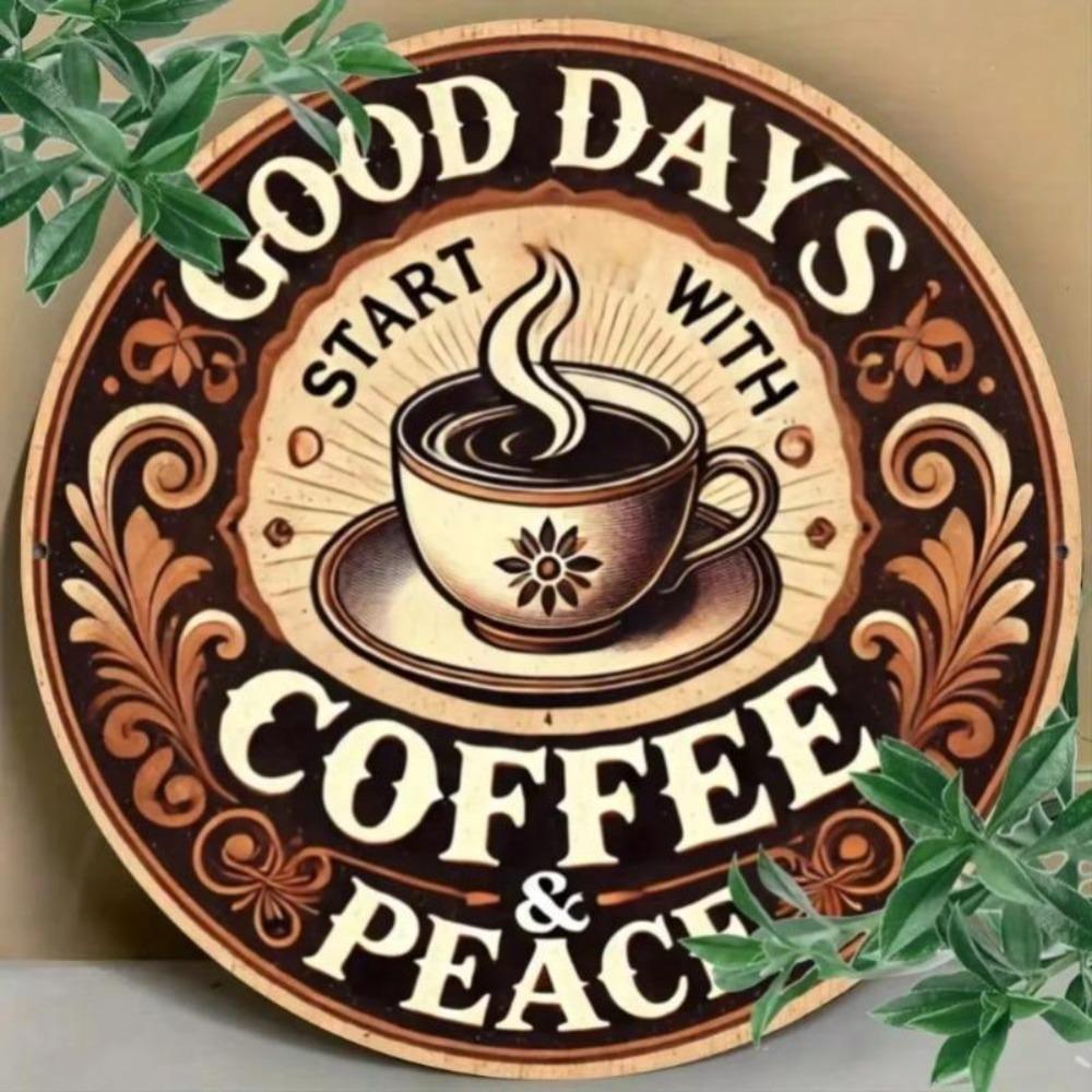 Good Days Start with Coffee Peace Round Metal Sign Waterproof Rustproof Decor for Bar Cafe Kitchen