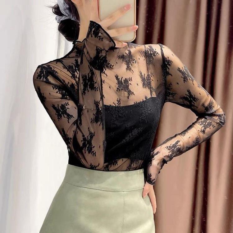 T-shirt in Rete Trasparente da Donna Manica Lunga Collo Alto Top Trasparenti Pizzo Crop Slim da Donna T-shirt in Seta