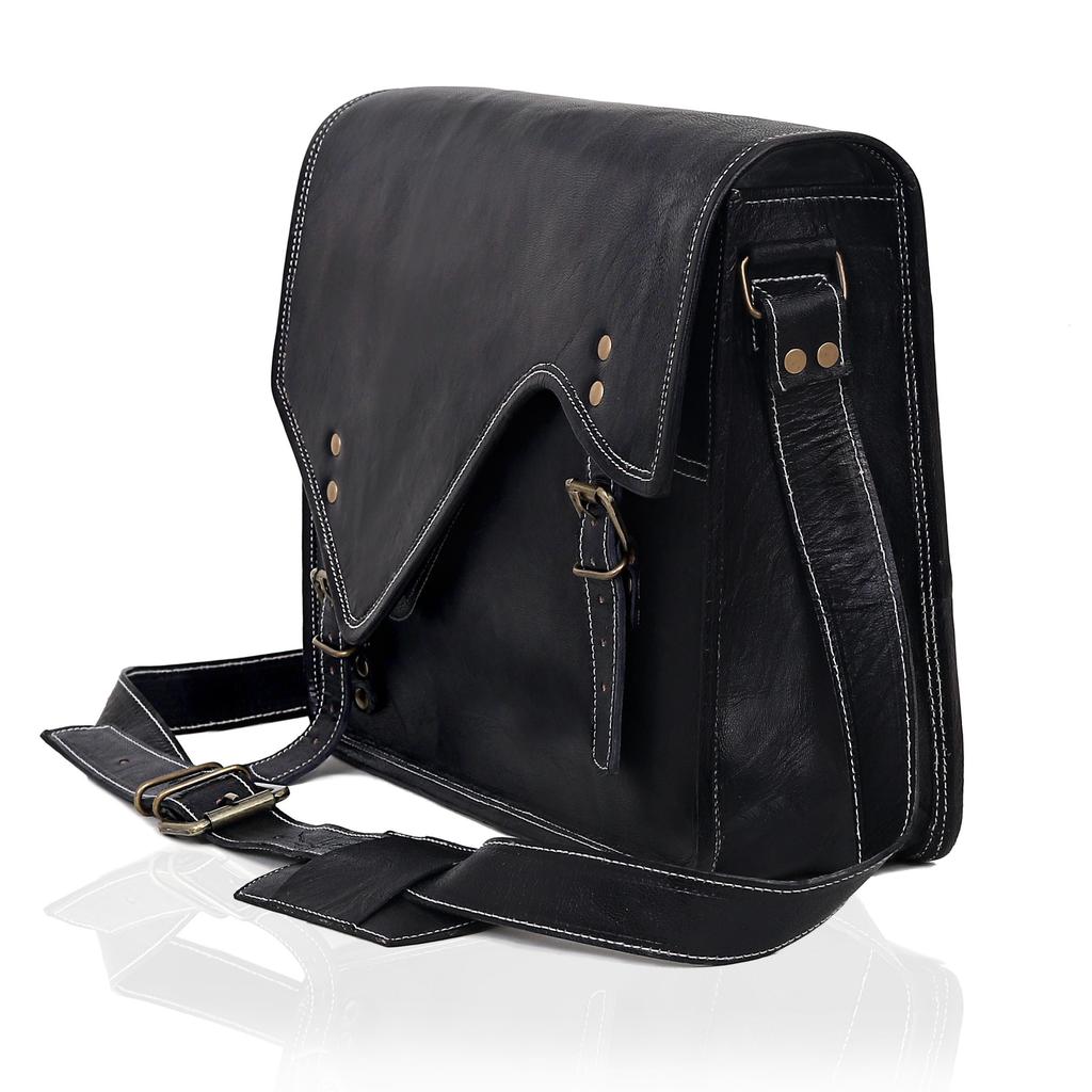 Leather Messenger Bag: 15" Black Laptop Shoulder Satchel Crossbody Gift for Men and Women