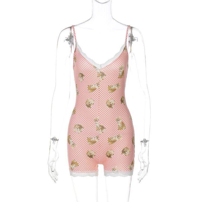 

Shemoda Fashion Ins Style Stylish Print Lace Patchwork Deep V Neck Silm Sleeveless Jumpsuit Shorts Female Pink S