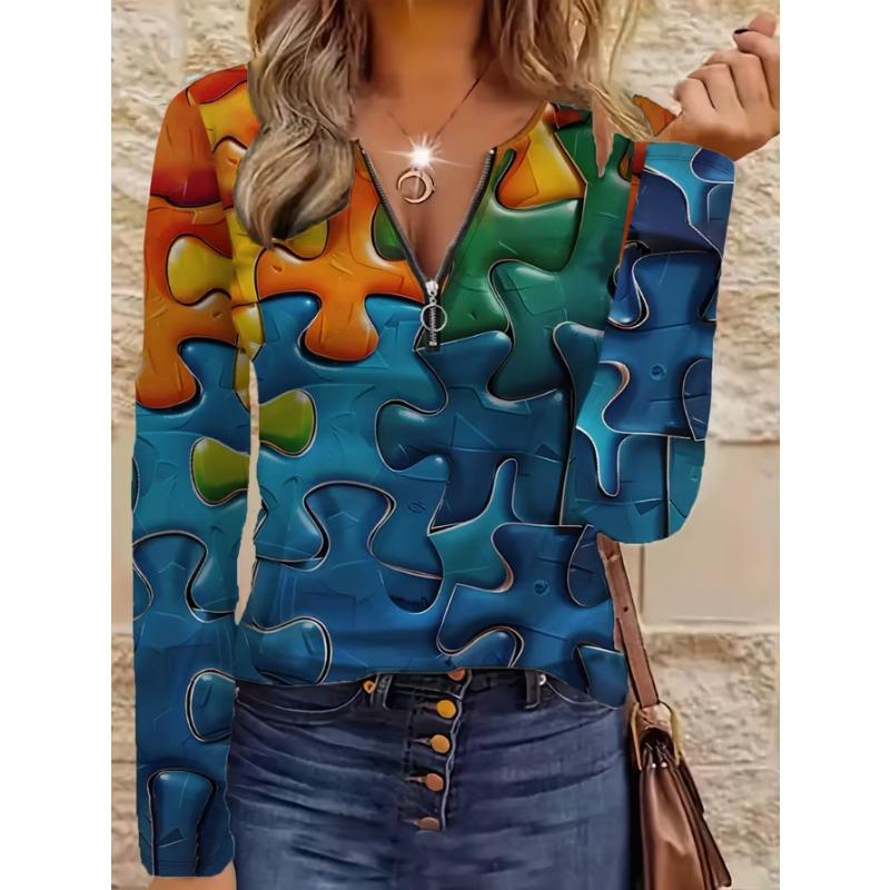 Top da donna elegante con cerniera e stampa a maniche lunghe, alla moda e versatile per l'abbigliamento casual e da ufficio autunnale e invernale, lavabile in lavatrice