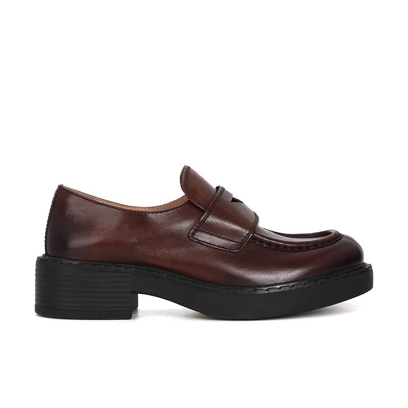 Cowhide version~ retro thick-soled thick heel one-pedal single shoes women's small leather shoes