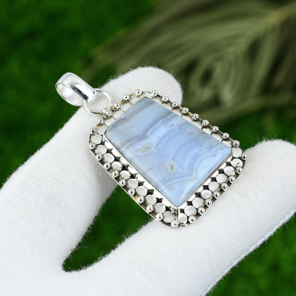 Birthday Gift For Her Natural Blue Lace Agate Gemstone Pendant 925 Silver