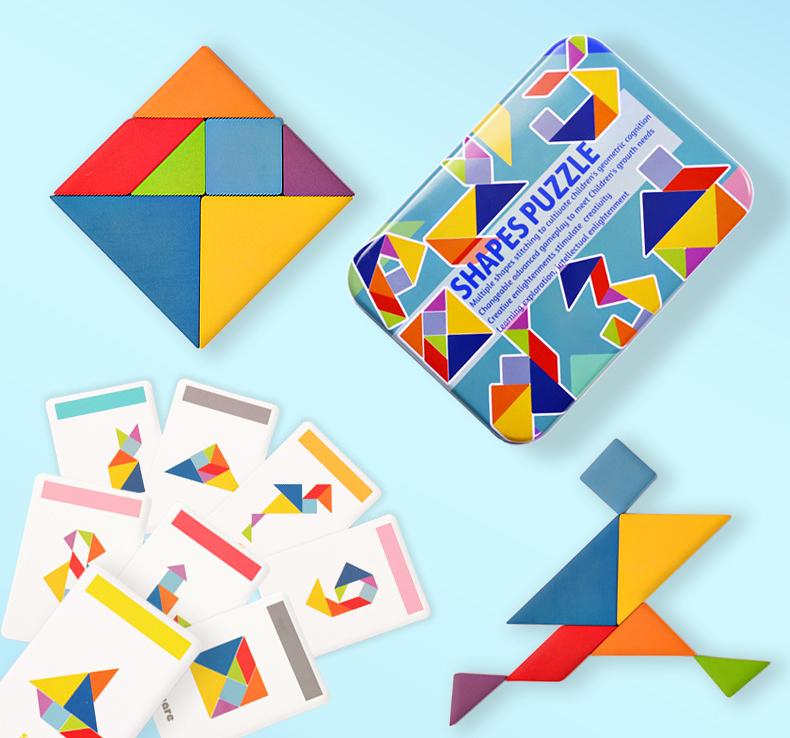 Children's Wooden Colorful Tangram Iron Box Storage Jigsaw Puzzle Puzzle Early Education Intelligence Number Letter Wooden Toys