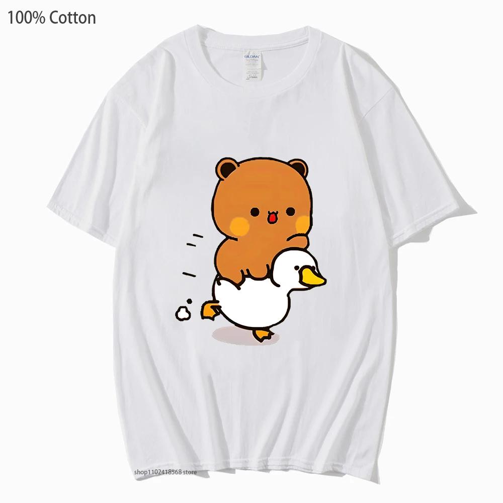 Cute Bubu and Duud Is Riding A White Duck Tshirt Panda and Brownie Bear Clothes Cotton T-Shirts for Men Women Couple