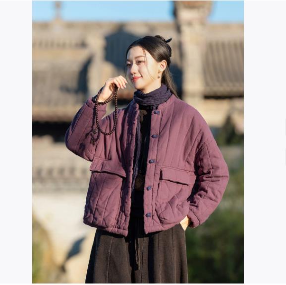 Winter Women's Vintage Linen Parkas Stand Long Sleeve Button Plus Cotton Warm Coat Solid Color Chinese Style Parkas