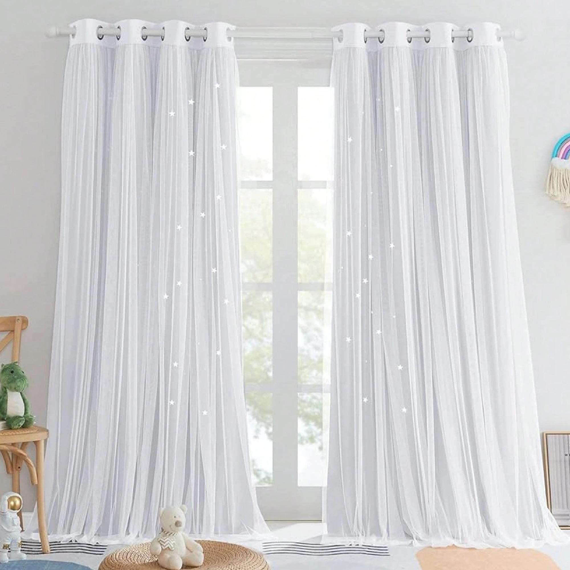 1 stuk Sterren Verduisteringsgordijn van Polyester met Kant, Meisjes Prinses Dubbellaags Raambekleding Verduisterend Gordijn 1pc W100xL200 cm&Rod pocket