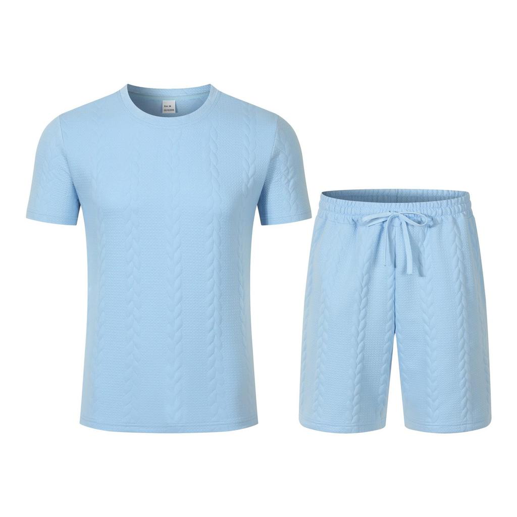 Men's European Solid Color Jacquard Summer Casual Round Neck Short Sleeve T-shirt & Shorts Set