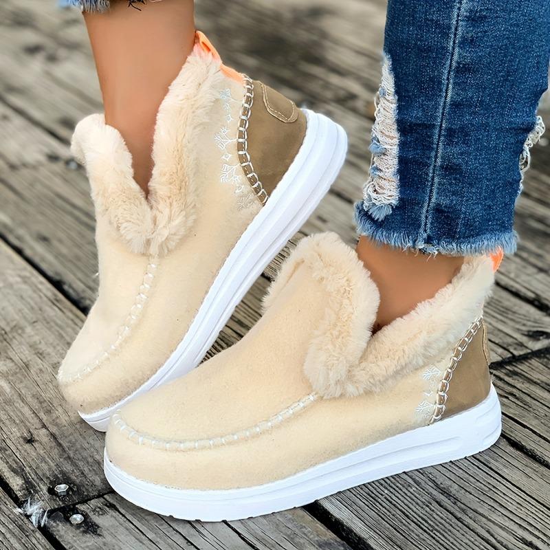 Women's Winter Ankle Boots - Slip-On Boots with Non-Slip PU Sole, Thick Cushioned insole Faux Fur-like collar - Cold Weather Shoes for Everyday