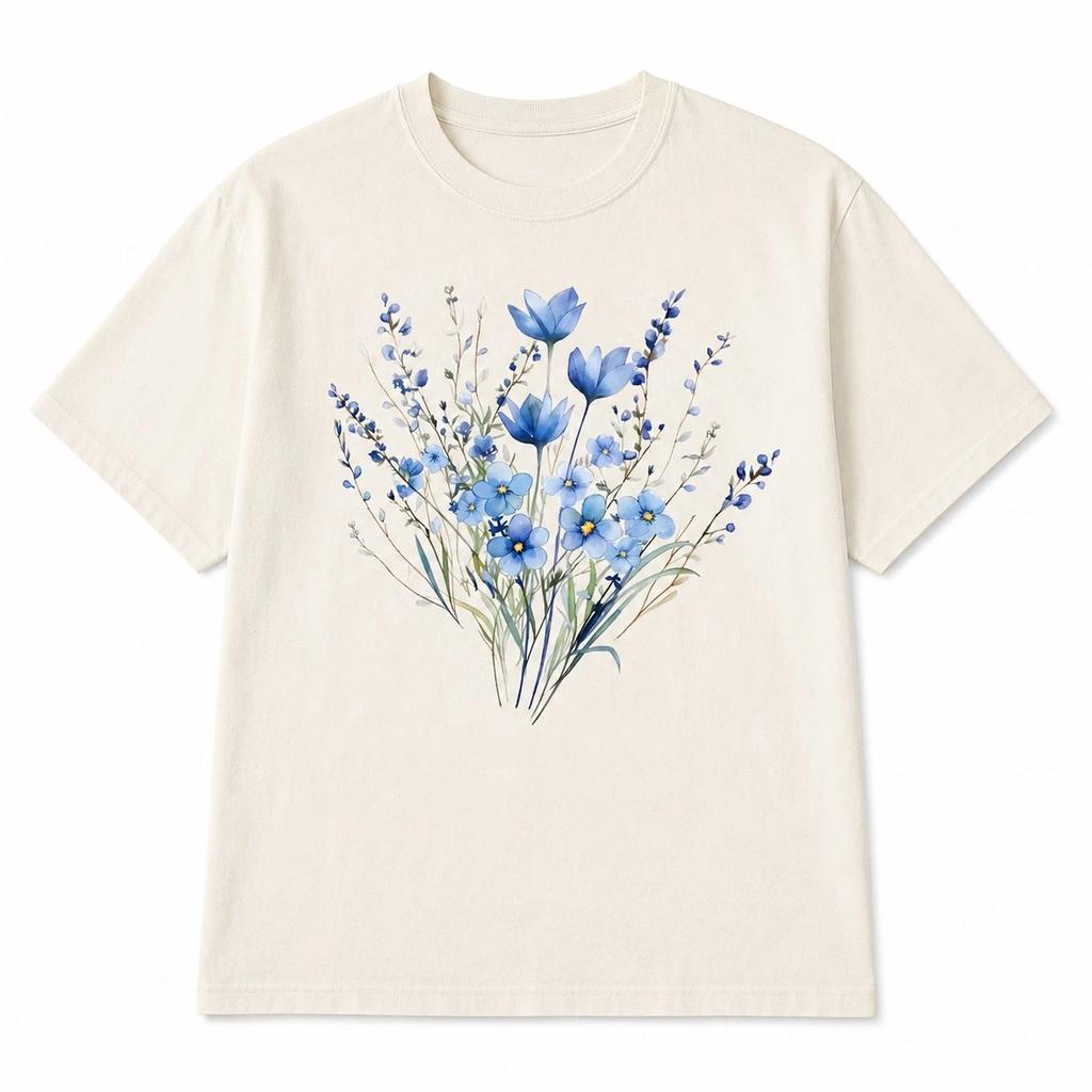 Blue Floral Watercolor T-Shirt Cottagecore Wildflower Graphic Tee Cream Womens