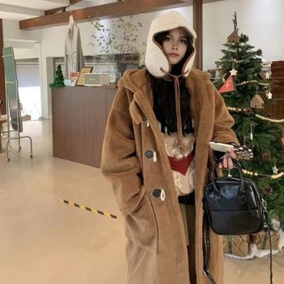 Manteau d'hiver pour femme avec capuche en polaire épaisse couleur pure fermeture à boutons en corne manches longues