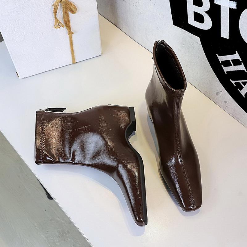 

Retro British Style Square Toe Slim Ankle Boots Hidden Wedge Heel Back Zip Short Boots Fashion Versatile Autumn Winter Booties 35