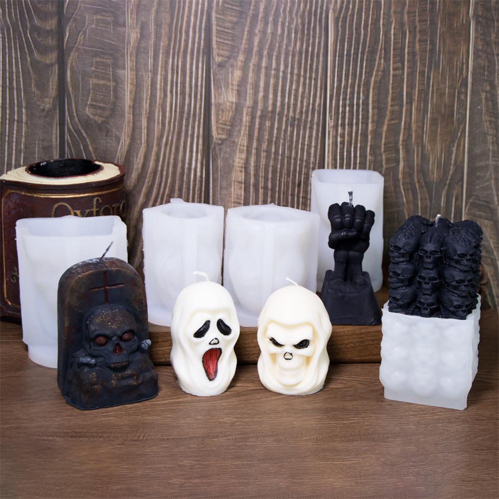 3D Skull Candle Silicone Mold DIY Tombstone Fist Shaped Skeleton Gypsum Resin Mold Halloween Party Atmosphere Decoration