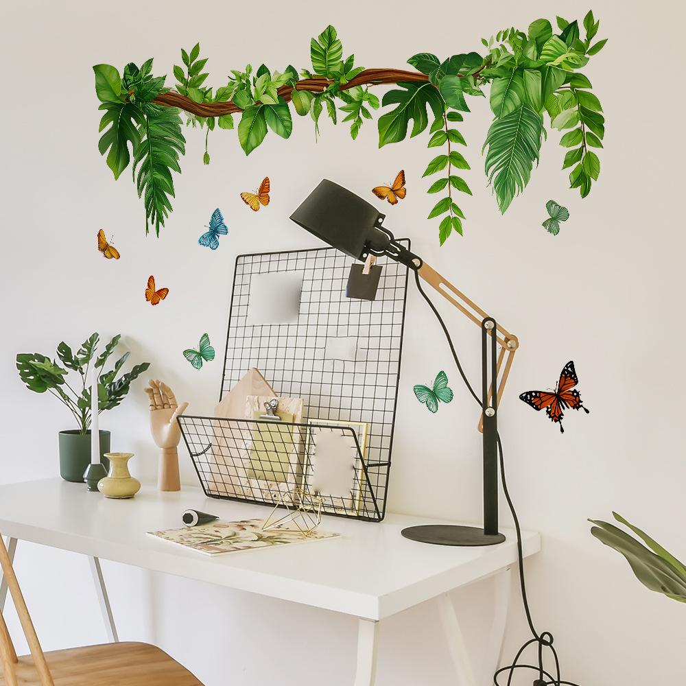 Hand-Painted Greenery and Butterfly Wall Sticker Nature-Inspired Elegant Self-Adhesive Removable Decor for Bedroom Living Room