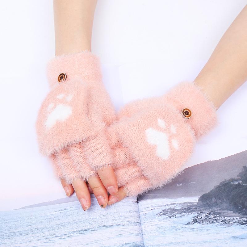 Bear Paw Mink Cat Half Finger Flip Gloves Student Women Cute Plush Winter Writing Office Warm Gloves