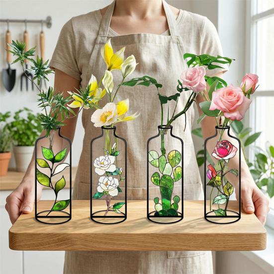 4 Pcs Wire Flower Vases Hollow Desktop Planter with Stained Glass Floral Design Hydroponic Propagation Station Flower Holder for Home Wedding Decor