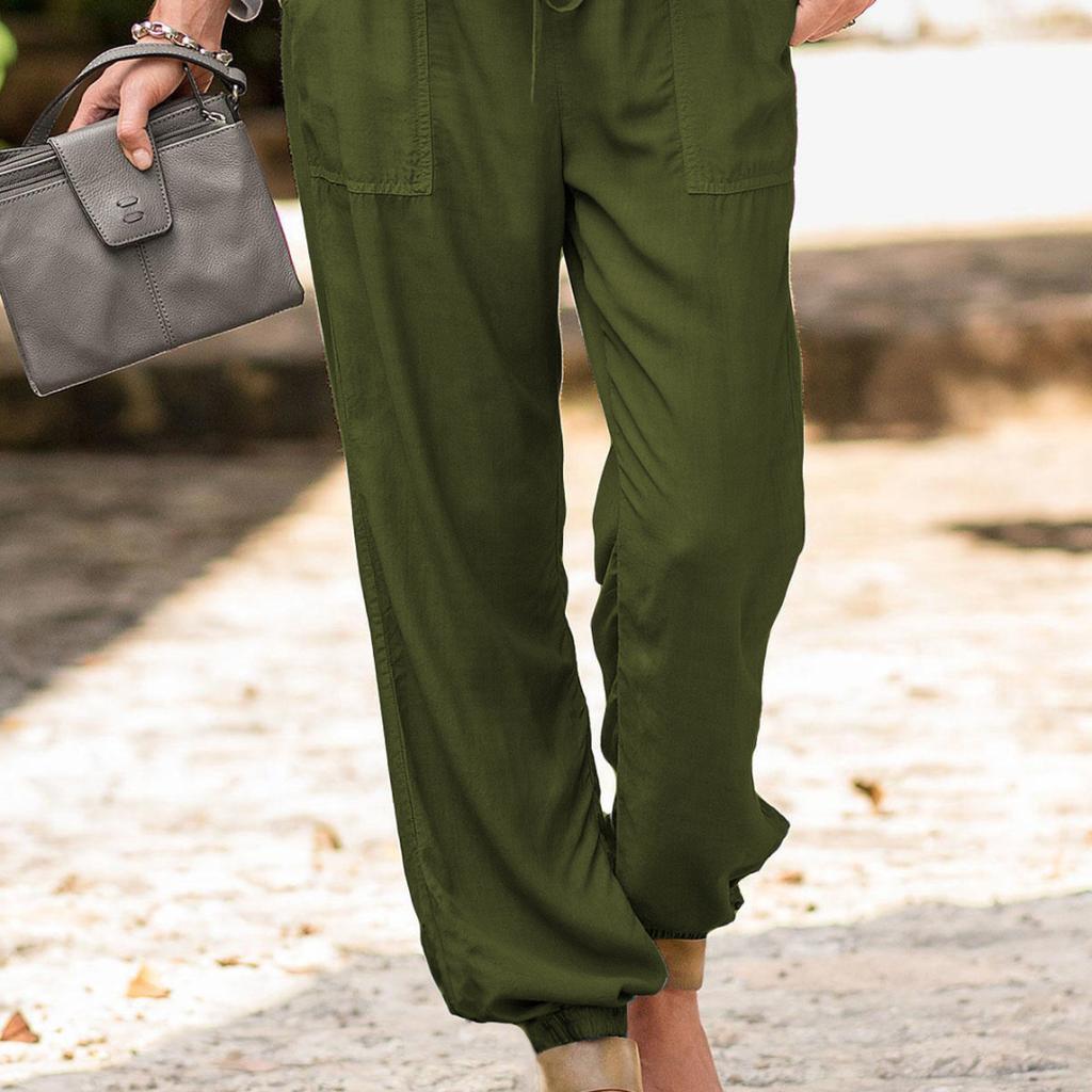 Women's New Summer Lace-up Trousers Solid Colour Stretch Drawstring Pockets Casual Trousers for Women