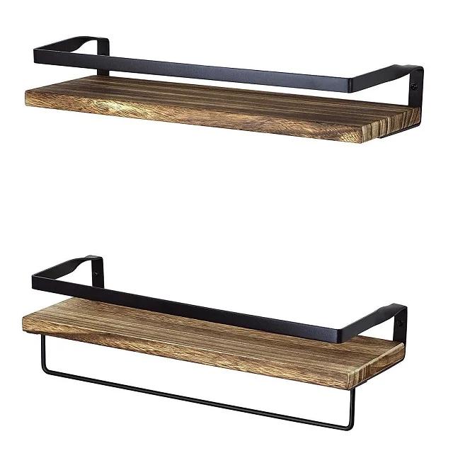 

Wooden Floating Shelf Wall Mounted Spice Holder Shower Makeup Stand Kitchen Bathroom Organizer Storage Rack With Towel Bar