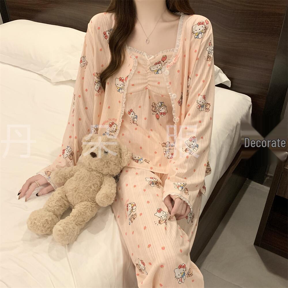 Hot-Selling 2024 Women's Long Sleeve Floral Pajama Set - Sexy Spring & Autumn Three-Piece with Chest Pads