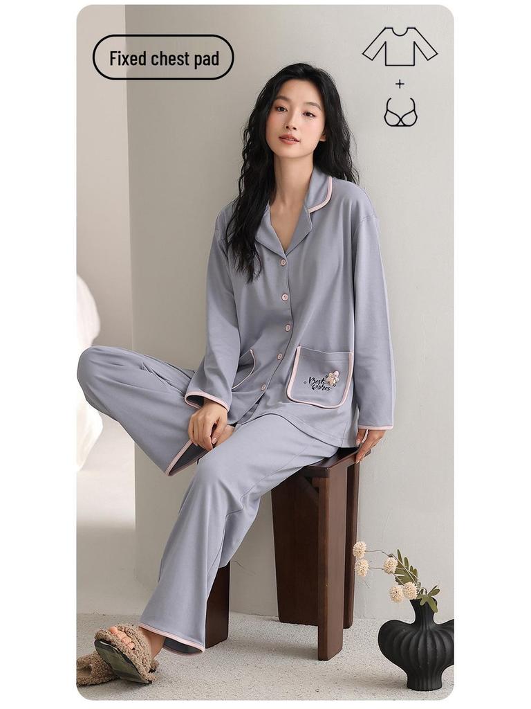 Damen Pyjama langärmlig aus reiner Baumwolle mit Brustpolstern - Vielseitig für Frühling, Herbst, Winter Homewear oder Oberbekleidungsset 2025.