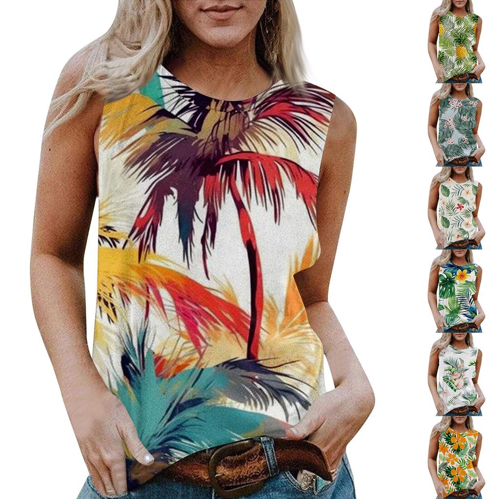 Blusa Regata Casual Feminina de Gola Redonda Sem Mangas com Estampa Havaiana X