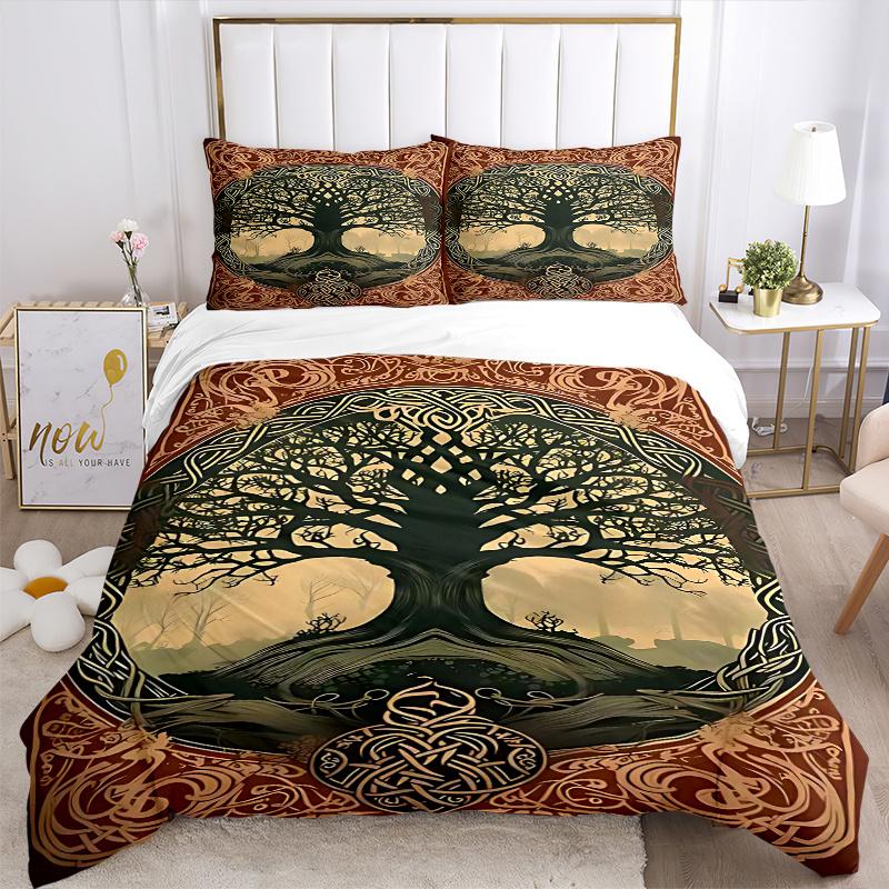 3pcs Tree of Life Celtic Knotwork Comforter Set with Two Pillowcases (No Core), Home Decor, Festival Gift, Polyester Fabric, Anime Cartoon Design