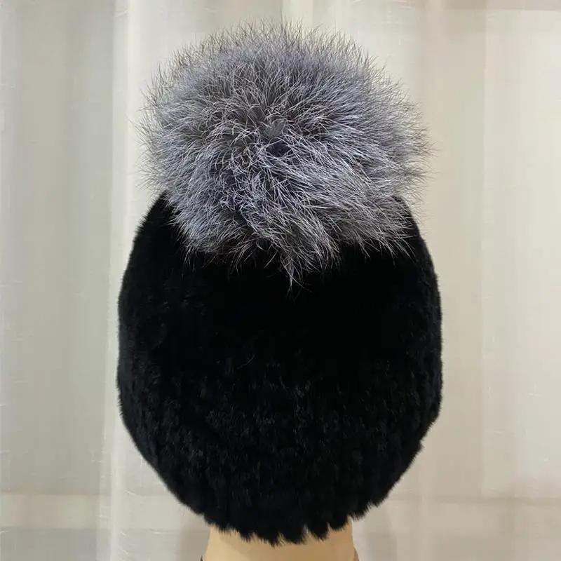 Outdoor Rex Rabbit Fur Hats Elastic Knitted  Genuine Fur Caps Winter Warm Pompom Fur Hat Striped Natural Female Snow Fur Hats