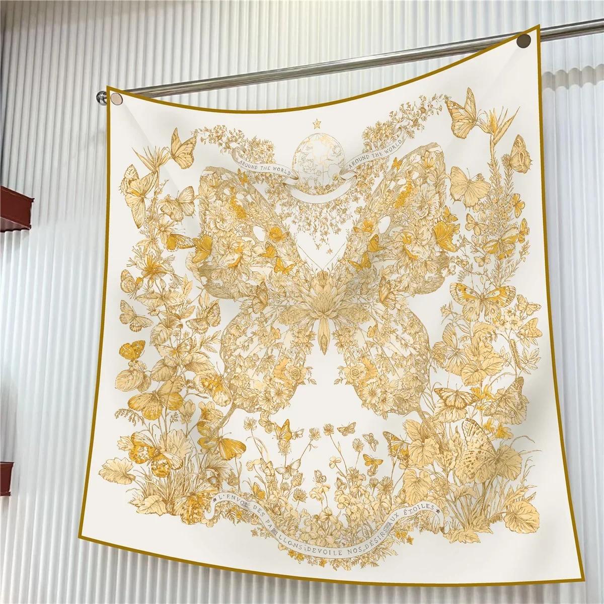 

90Cm French Jungle Large Square Scarf Decorative Fashion Trend Flowers High Quality Twill Silk Travel Shawl Sunscreen 90cm