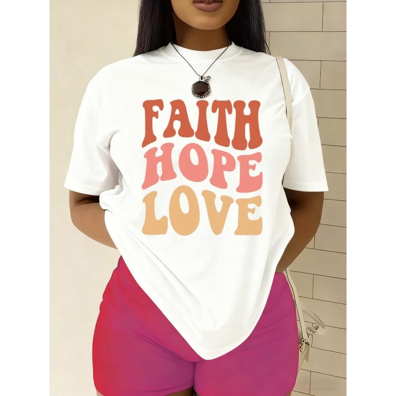 

European Size Women s Faith Hope Love God T-Shirt White Short Sleeve Round Neck Casual Casual Attire with Faith/Hope/Love Print 4XL