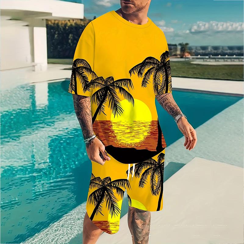 Stylish Men's Casual Suit Summer Breathable And Refreshing Suit Beach Style Printed 3D Coconut Oversized Men's Loose Top