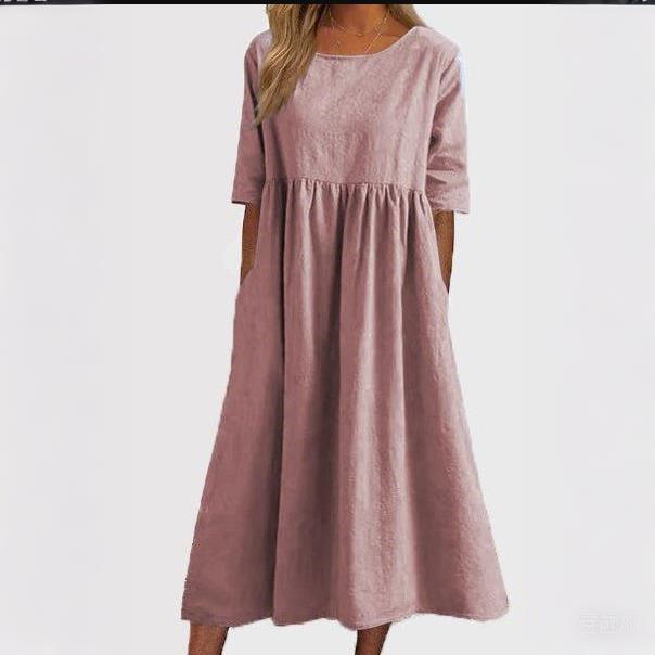 Vestido de Verano de Algodón Lino para Mujer - Vestido Casual de Manga Corta con Pliegues y Bolsillo, Ligero y Transpirable