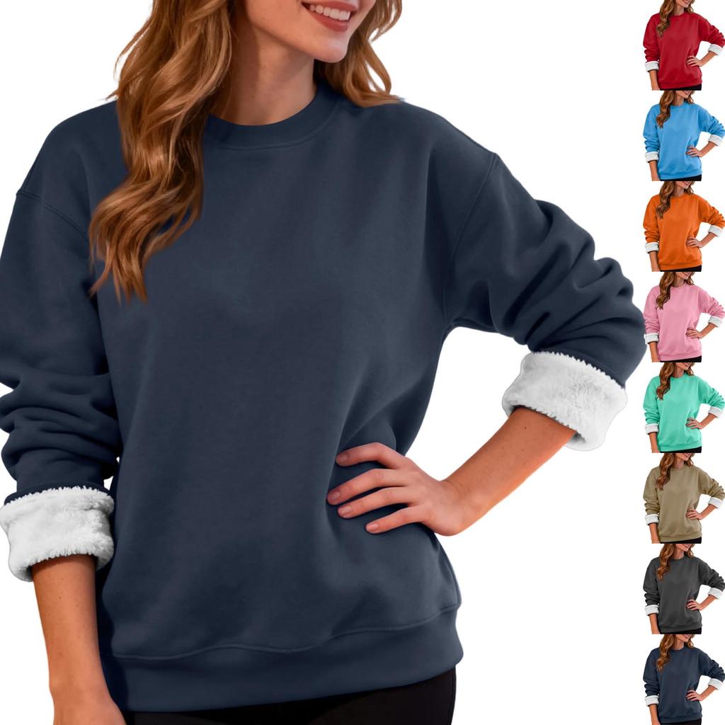 Women's Casual Fashion RoundNeck Pullover Top Winter Solid Color Plush Sweatshirt