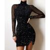 Sexy Party-Nacht-Out-Kleider für Damen, Herbst, einfarbig, schwarz, schulterfrei, langärmelig, kontrastierende Spitze, glitzernd, figurbetontes Minikleid