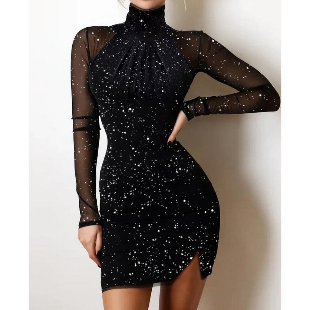 Sexy Party-Nacht-Out-Kleider für Damen, Herbst, einfarbig, schwarz, schulterfrei, langärmelig, kontrastierende Spitze, glitzernd, figurbetontes Minikleid