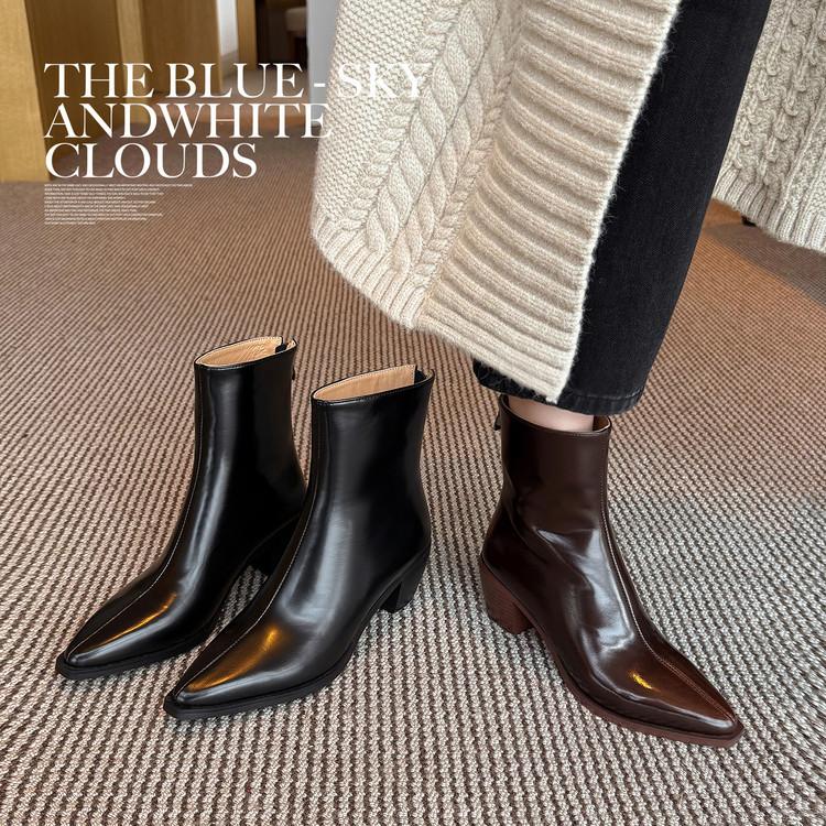 Sheepskin Version~ Black Pointed Middle Heel Boots Women's Autumn and Winter New Velvet Thick Heel and Ankle Boots Thin Boots Martin Boots