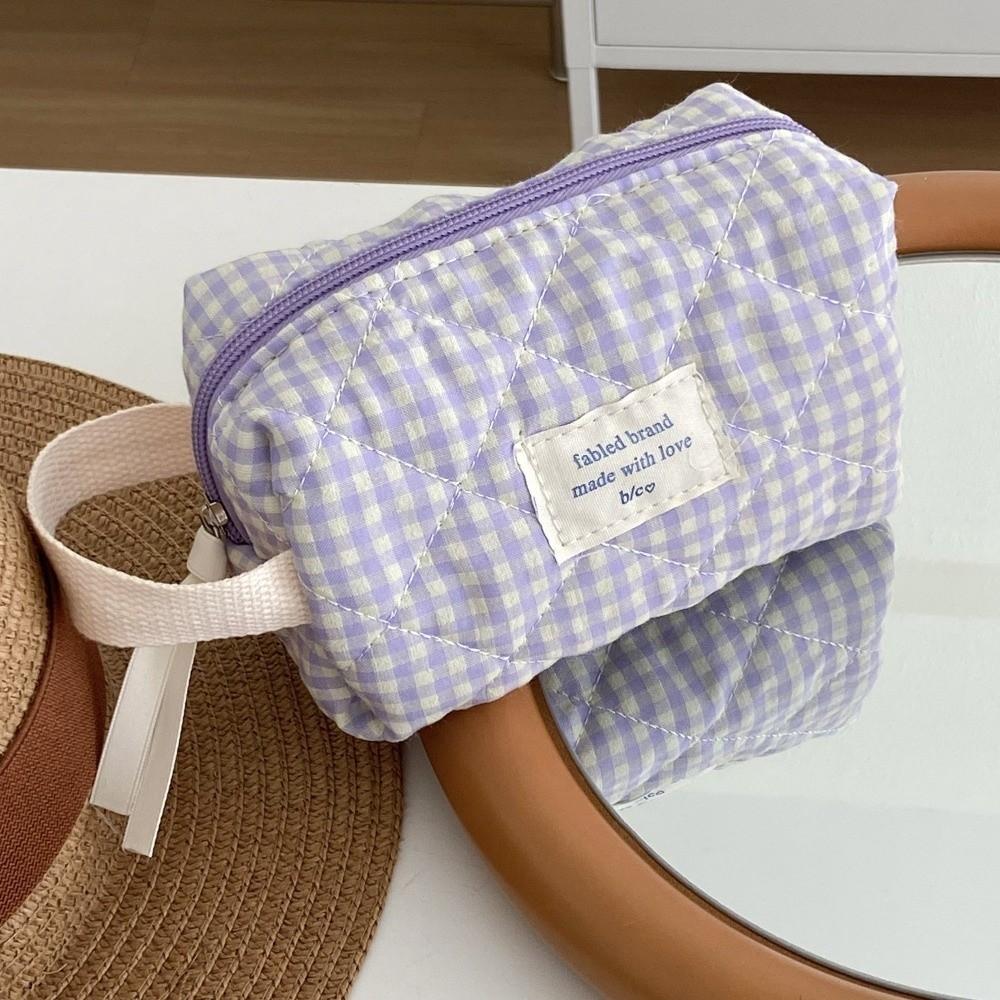 New Cotton Makeup Bag Cute Checkered Pattern Travel Toiletry Bag Multi-size Large Capacity Storage Wrist Bag Travel Use