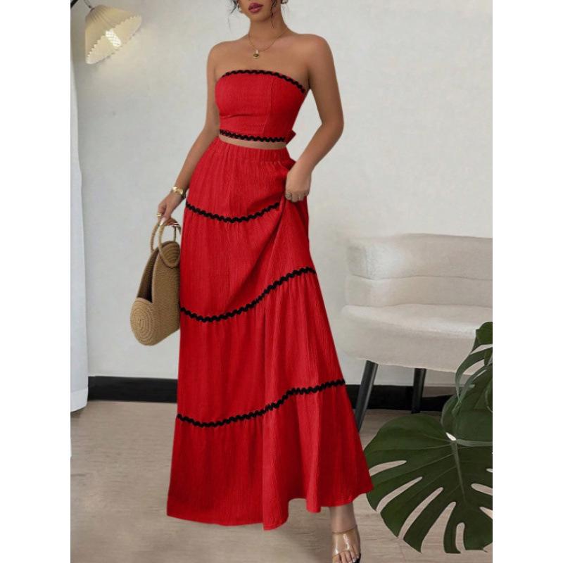 2026 Summer European & American Holiday Casual Strapless Lace Patchwork Long Dress & Two-Piece Women's Set